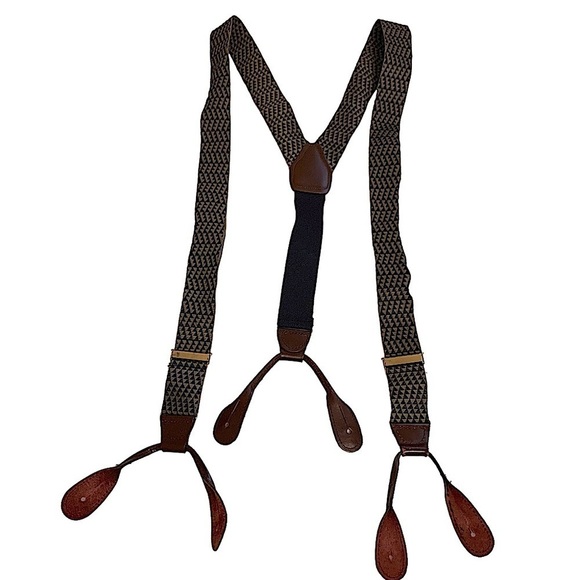 UNBRANDED Tan/Blue Geometric Pattern Textile and Leather Button On Suspenders - Picture 2 of 8